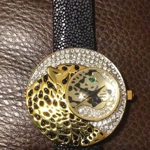 NWT,LE COUTURE WATCHES BY ADRIENNE. LEOPARD CRYSTAL FACE.OSTRICH LEATHER BAND.